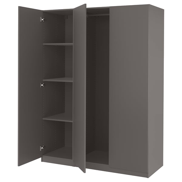 A PAX wardrobe in dark grey with two open doors revealing interior shelves.