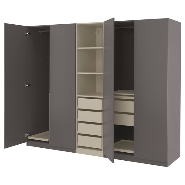 A gray PAX wardrobe with two open sections revealing shelves and drawers.