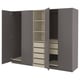 A gray PAX wardrobe with two open sections revealing shelves and drawers.