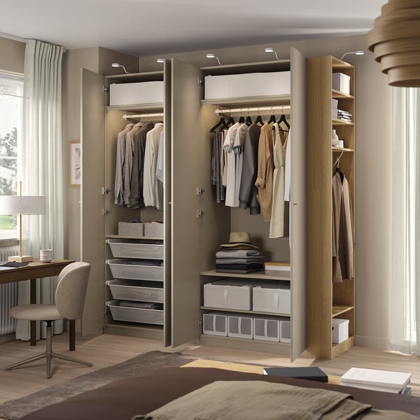 PAX / FORSAND Wardrobe combination, grey-beige grey-beige/oak effect, 220x60x236 cm