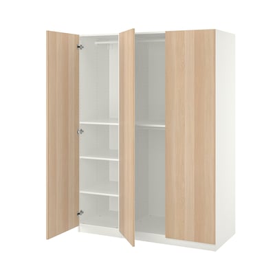 Modern white wooden wardrobe with light wood doors, three interior shelves, and soft-closing hinges.