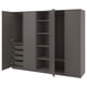 Option: Black PAX wardrobe with three sections: two with shelves, one with hanging rod and mesh baskets.