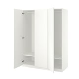 White ikea PAX wardrobe with three sections, open doors revealing empty shelves.