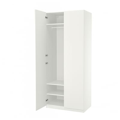 An open white ikea PAX wardrobe with minimalist design, adjustable feet, internal shelves, and soft close hinges.