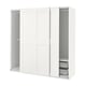 Option: A white PAX wardrobe with sliding doors and shelves inside. Its sleek and modern, with a basic setup for easy organization.