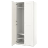 A PAX wardrobe in white with one door open, revealing an empty closet space with shelves inside.