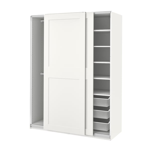 Its a white ikea PAX wardrobe with sliding doors. It a sleek, minimalist design with mesh baskets for storage.