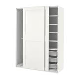 Its a white ikea PAX wardrobe with sliding doors. It a sleek, minimalist design with mesh baskets for storage.