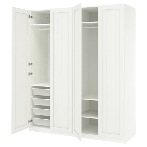White PAX wardrobe with open doors, mesh baskets, and shelves.