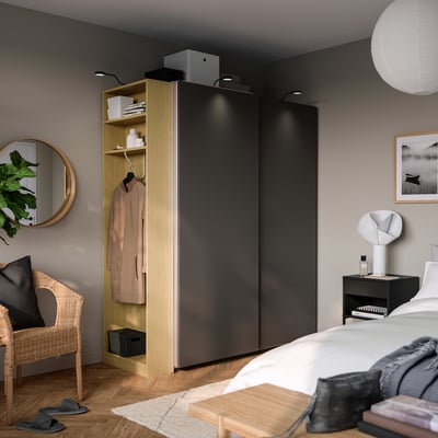 PAX / HASVIK Wardrobe combination, dark grey dark grey/oak effect, 170x66x201 cm