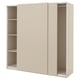 Beige PAX wardrobe with sliding doors, sleek modern look, three sections.