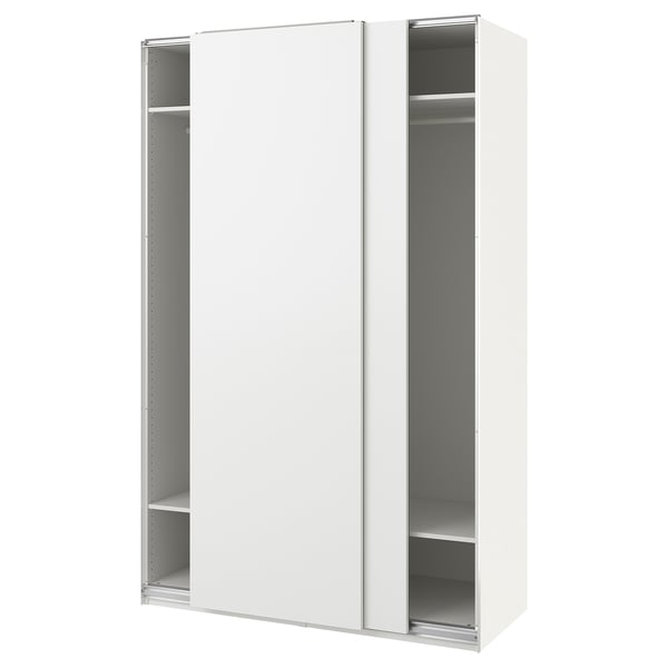 A white ikea PAX wardrobe with sliding doors. Its made of particleboard and aluminum, with a sleek design and adjustable feet.