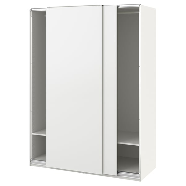 A white ikea PAX wardrobe with sliding doors and interior shelves.