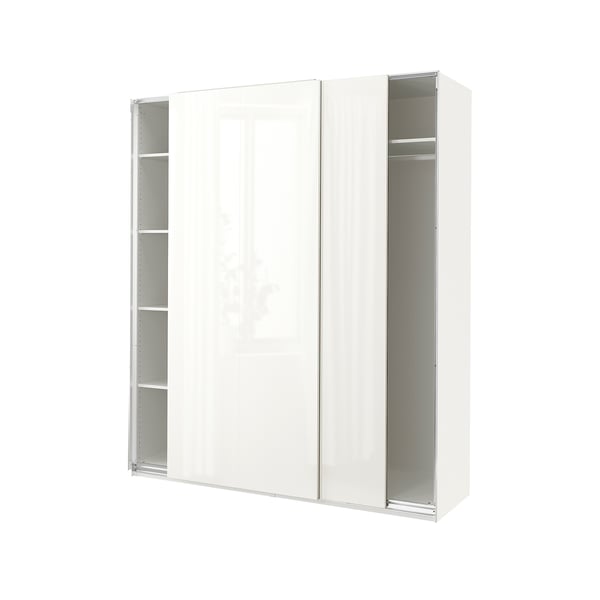 A white PAX wardrobe with sliding doors and internal shelves.