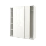 A white PAX wardrobe with sliding doors and internal shelves.
