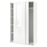 A white ikea PAX wardrobe with sliding doors and open shelves. The wardrobe is rectangular and minimalistic, blending seamlessly into modern decor.