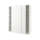 White PAX wardrobe with sliding doors and shelves; modern, minimalist design.