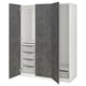 Option: An open white PAX wardrobe with drawers, shelves, and hanging space.