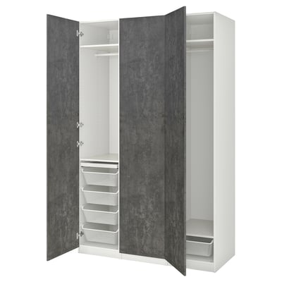 PAX wardrobe, grey and white, tall with multiple compartments, shelves, and hanging space.