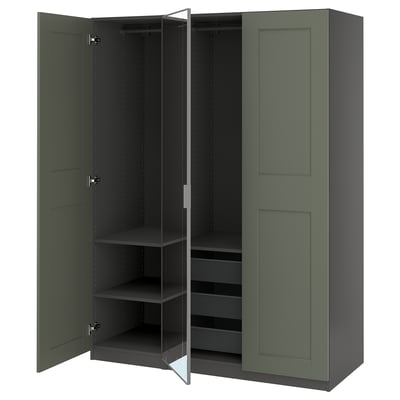 Green PAX wardrobe, open showing shelves and rail, dark interior.