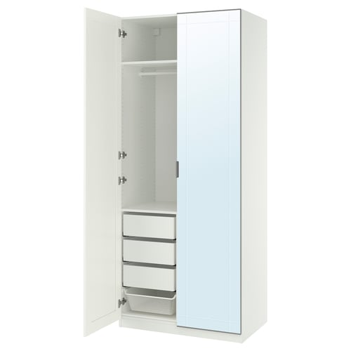 White PAX wardrobe, open: mirrored doors, shelves, drawers.