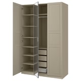 PAX wardrobe - beige, particleboard, rectangular, four doors, two with mirror, one with drawers, one with shelves.