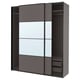 Modern dark grey PAX wardrobe with mirror, sliding doors, and mesh basket.