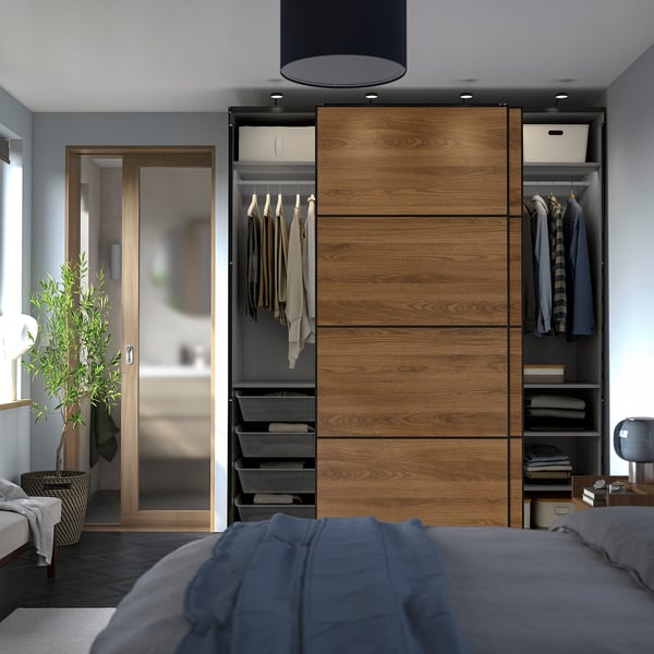 PAX / MEHAMN Wardrobe with sliding doors, dark grey black/double sided walnut, 200x66x236 cm