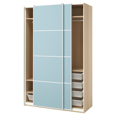 A light blue sliding door PAX wardrobe with a natural finish frame and wooden shelves.