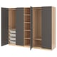 Modern PAX wardrobe with dark gray doors, wooden shelves, and mesh drawers.