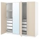 This image an open light beige PAX wardrobe with mirrored doors. It shows multiple shelves, drawers, and a pull-out tray.