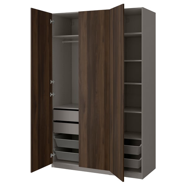 A gray and wood-colored wardrobe, PAX, featuring shelves and drawers for storage.