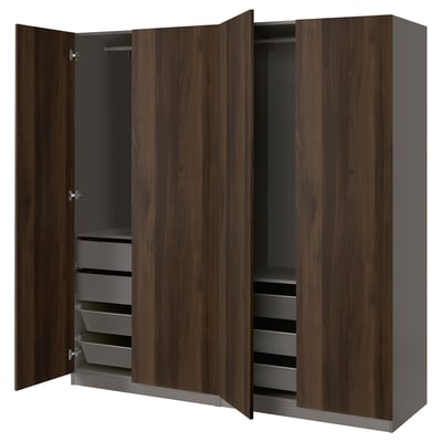 Dark wood-colored wardrobe with multiple compartments, including shelves and drawers, displayed with both doors open.