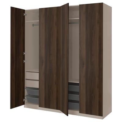 Modern brown wood PAX wardrobe with open doors revealing shelves, drawers, and a rail.