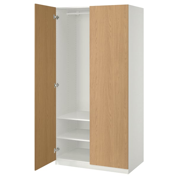 PAX closet: white and wood, rectangular, with adjustable shelves.