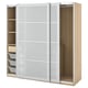 Modern light wooden wardrobe with frosted glass doors, open on one side, displaying shelves and storage baskets inside.
