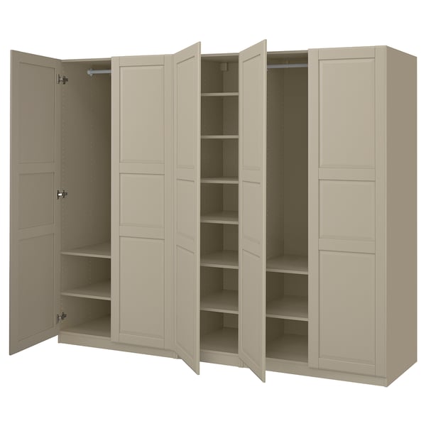 Ikea PAX wardrobe, beige, wooden, wide with shelves.