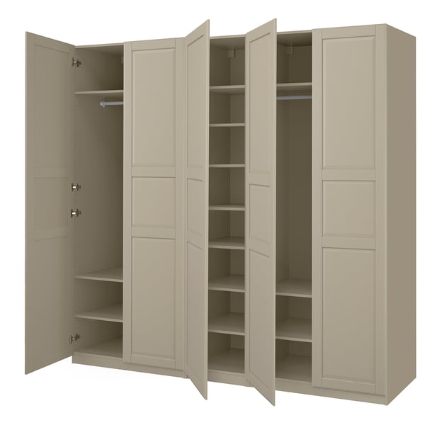 Beige PAX wardrobe with open shelves and hanging space, fiberboard and particleboard construction, clean design.