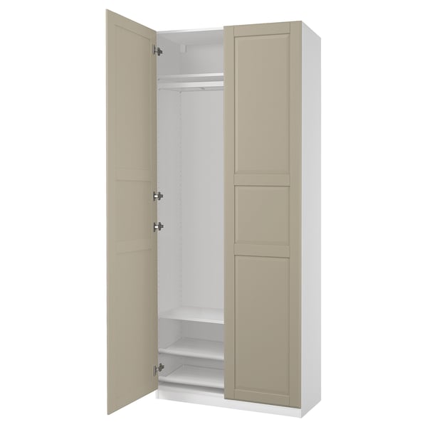 PAX wardrobe: beige, tall, rectangular, two doors wide, one shelf inside, simple design.