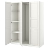 A white ikea PAX wardrobe with open doors, revealing empty shelves and storage space inside.