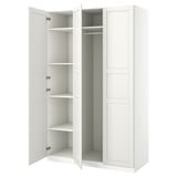 An open white ikea PAX wardrobe with shelves and a clothes rod.