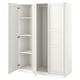 White ikea PAX wardrobe, open, with shelves and hanging rail.