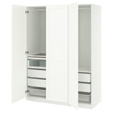 A white PAX wardrobe with drawers and shelves, open doors revealing organized storage.