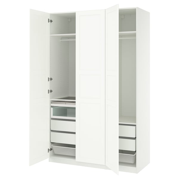 White PAX wardrobe, open with shelves, drawers, mesh baskets.