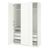 White PAX wardrobe, open with shelves, drawers, mesh baskets.
