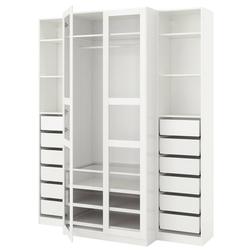 Displays a white ikea PAX wardrobe with glass-fronted drawers, offering a sleek and organized storage solution.