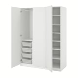 Displays a white ikea PAX wardrobe. It two open sections: one with shelves and the other with drawers.