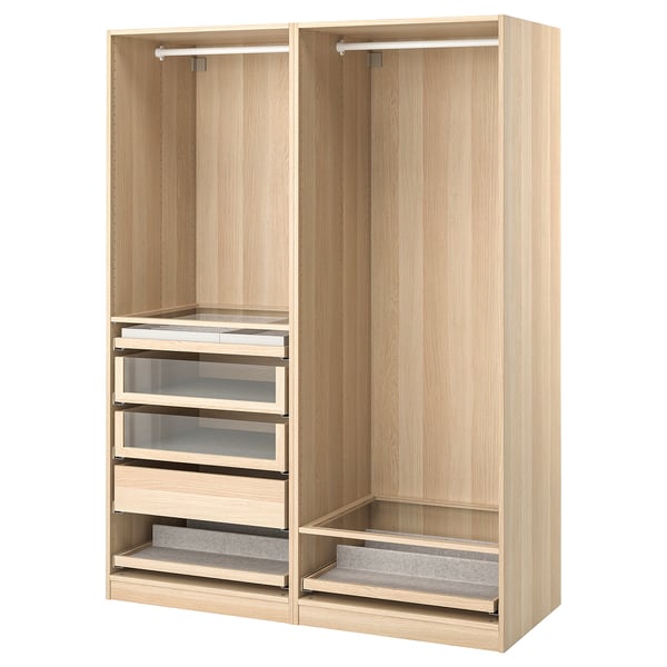 Ikea PAX wardrobe: light wood, open style, 2 sections, hanging rail, glass drawers, pull-out trays, jewelry organizer.