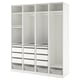 Option: An ikea PAX wardrobe in white. It four sections with shelves, drawers, and mesh baskets, designed for efficient storage.
