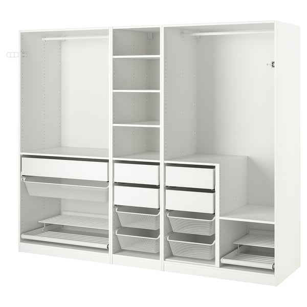 A white PAX wardrobe with shelves, drawers, and metal mesh baskets for organised storage.